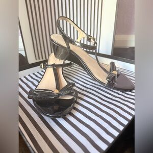 Kate Spade Black T-Strap Patent Leather Mid Heel Sandals with Bow Accent